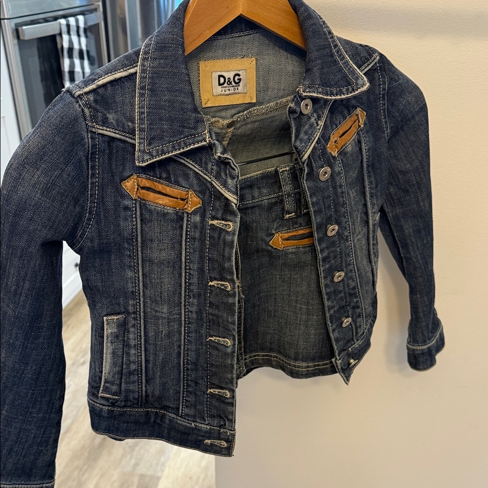 Dolce Gabbana Kids Dark Blue Jean Jacket and Skirt with Leather Accents